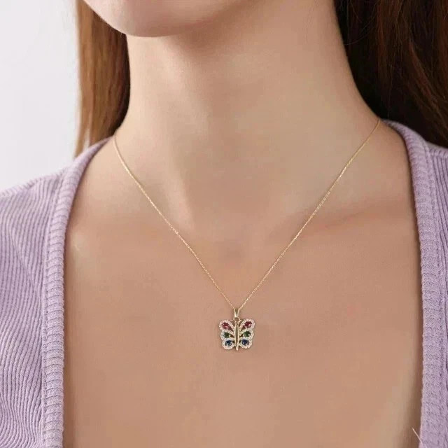 Lab Created Pear Cut Blue Sapphire Butterfly Pendant 14k White Gold Plated