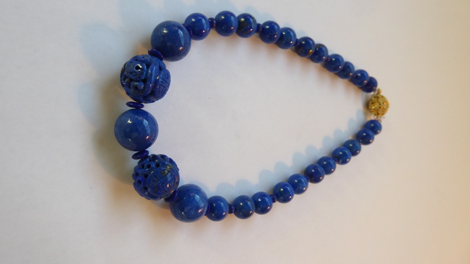 Carved Lapis Lazuli Bead Statement Necklace 15″ long 15mm & 9mm Round beads Asia