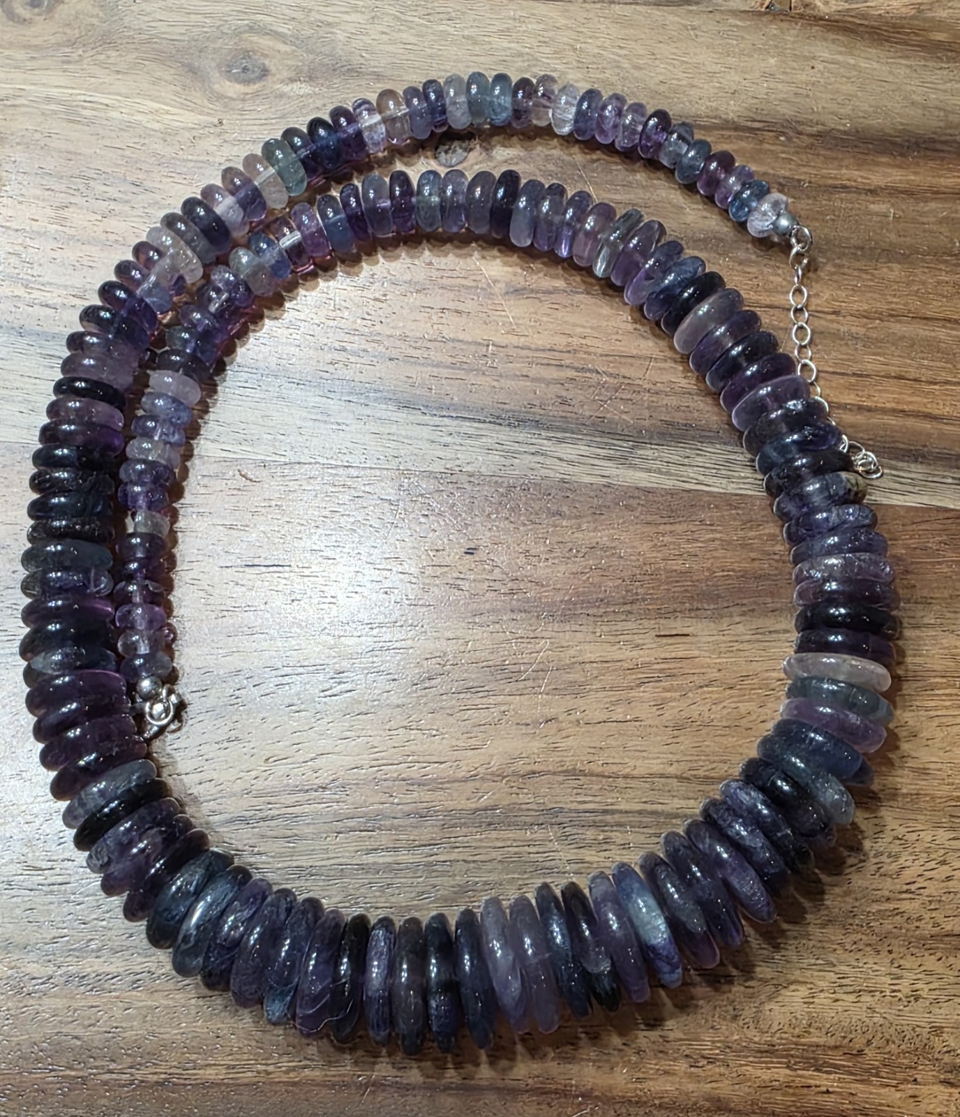 FAS 925 Sterling Silver Chunky Graduated Purple Fluorite Disc Rondelle Necklace