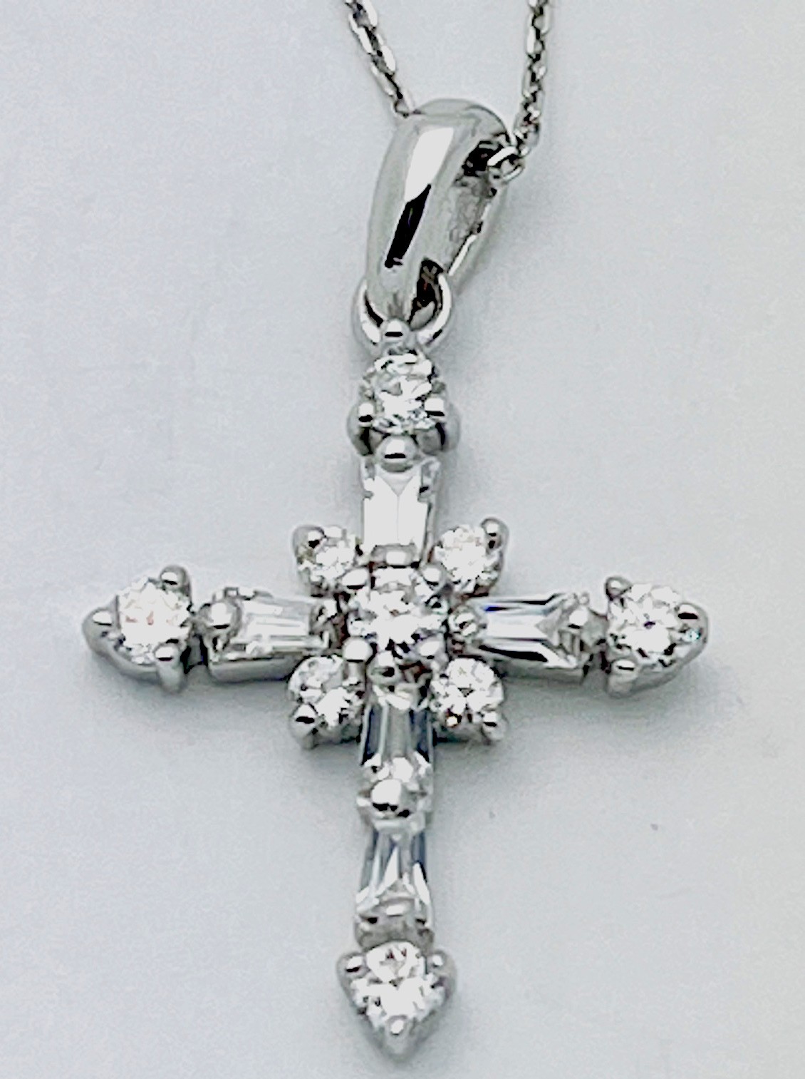 925 Sterling Silver 9 Round 5 Baguette Prong Set CZ Cross Necklace 18”